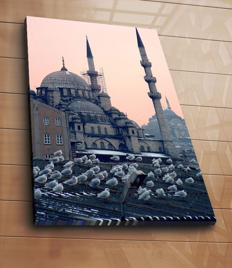 Canvastavla 70x100 cm - Vy av en historisk moské med fåglar som sitter på taket - Grå / Blå / Beige - Inredning - Tavlor & posters - Canvastavla