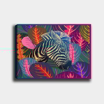 Canvastavla 70x100 cm - Zebra som framträder bland färgglada lövverk - Svart / Rosa / Grön - Inredning - Tavlor & posters - Canvastavla
