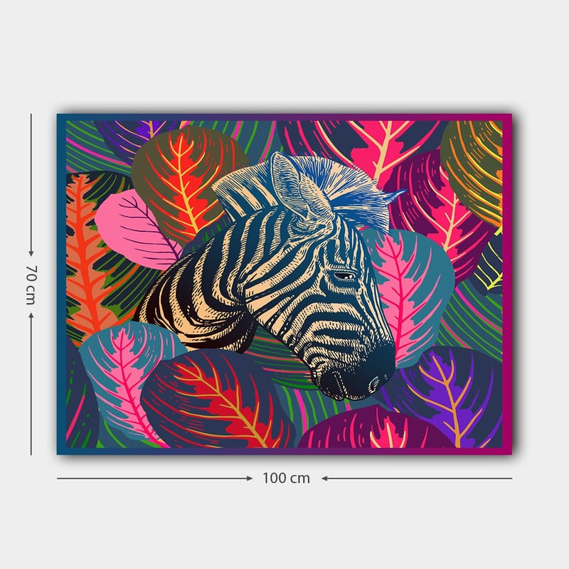Canvastavla 70x100 cm - Zebra som framträder bland färgglada lövverk - Svart / Rosa / Grön - Inredning - Tavlor & posters - Canvastavla