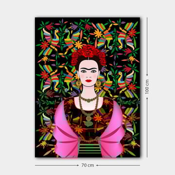 Canvastavla 70x100 cm - Porträtt av en kvinna med traditionella mexikanska inslag och färgglad bakgrund - Röd / Grön / Svart - Inredning - Tavlor & posters - Canvastavla