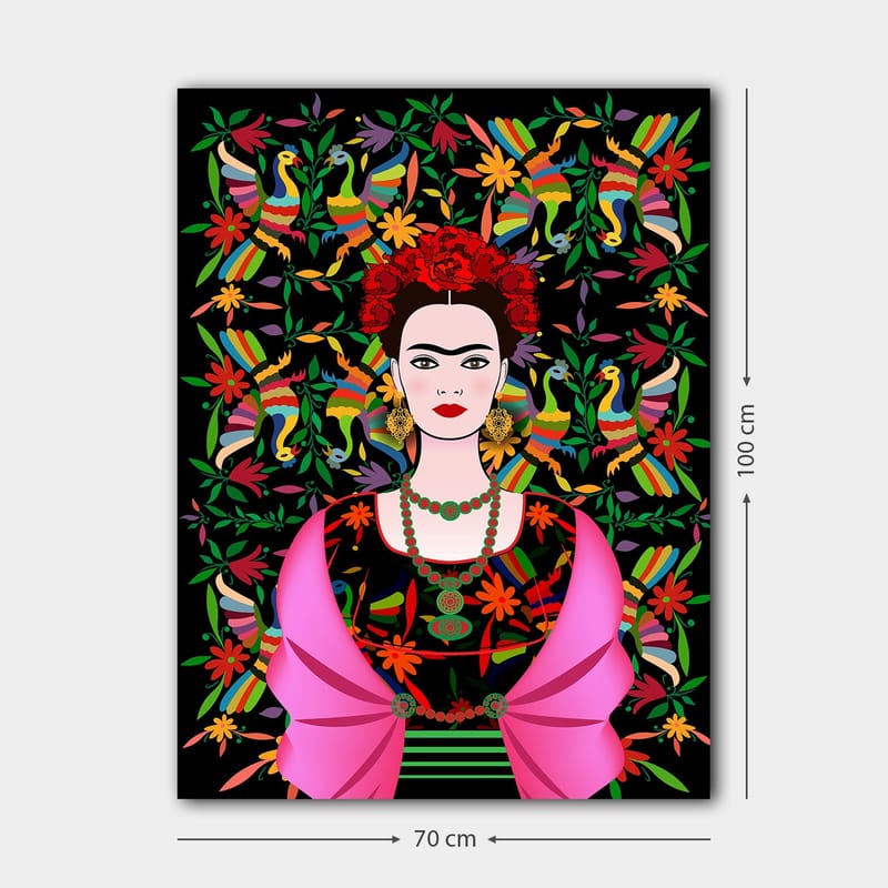 Canvastavla 70x100 cm - Porträtt av en kvinna med traditionella mexikanska inslag och färgglad bakgrund - Röd / Grön / Svart - Inredning - Tavlor & posters - Canvastavla