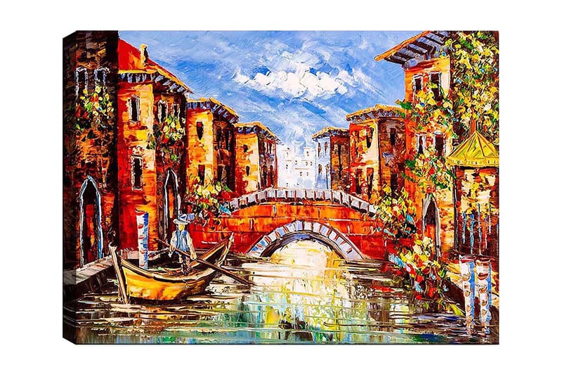 Canvastavla 70x100 cm - Pittoresk kanal med färgglada byggnader och en båt som glider fram under en bro - Orange / Blå / Grön - Inredning - Tavlor & posters - Canvastavla