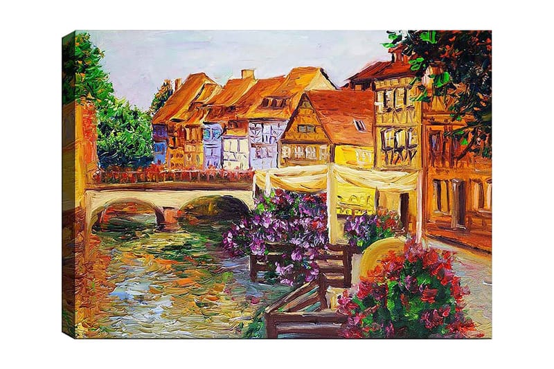 Canvastavla 70x100 cm - Pittoresk kanal med färgglada hus och blommor som pryder kanten, Grön / Lila / Orange