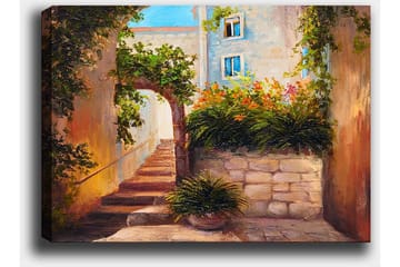 Canvastavla 70x100 cm - Pittoresk gränd med trappor omgiven av grönska och blommor - Grön / Beige / Orange - Inredning - Tavlor & posters - Canvastavla