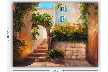 Canvastavla 70x100 cm - Pittoresk gränd med trappor omgiven av grönska och blommor - Grön / Beige / Orange - Inredning - Tavlor & posters - Canvastavla