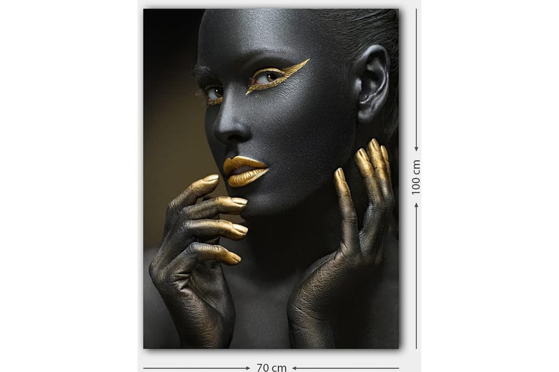 Canvastavla 70x100 cm - Porträtt av en kvinna med svart ansiktsmålning och guldiga detaljer - Svart / Guld - Inredning - Tavlor & posters - Canvastavla