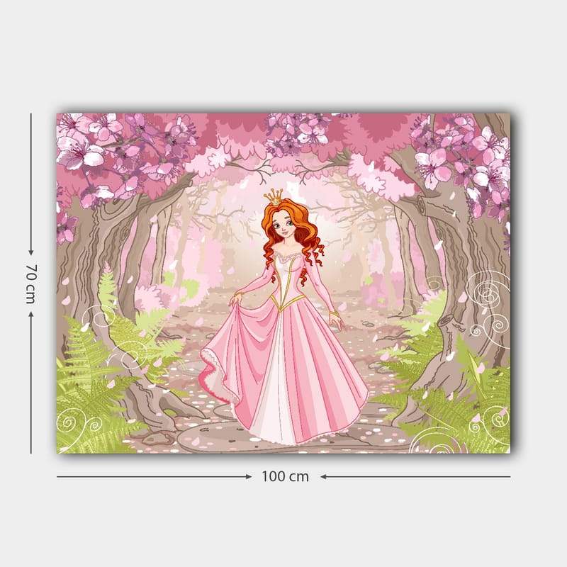 Canvastavla 70x100 cm - Prinsessa i en rosa klänning som promenerar genom en blomstrande skog - Rosa / Grönt / Brunt - Inredning - Tavlor & posters - Canvastavla