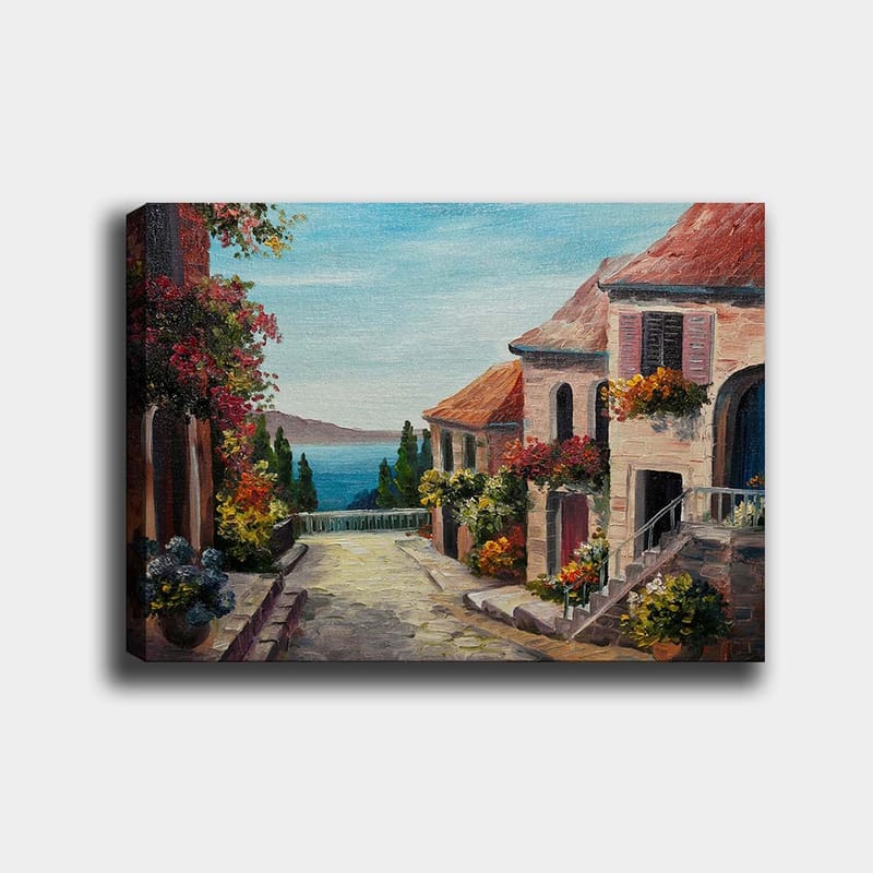 Canvastavla 70x100 cm - Pittoresk gata med blommor och hus vid havet - Blå / Terrakotta / Grön - Inredning - Tavlor & posters - Canvastavla