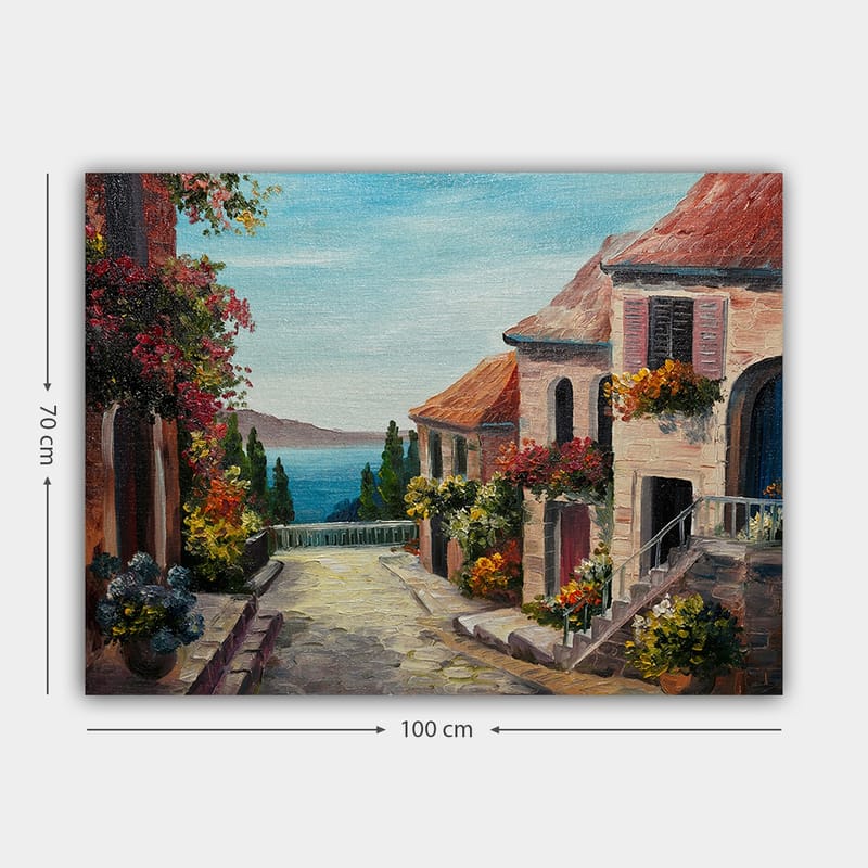 Canvastavla 70x100 cm - Pittoresk gata med blommor och hus vid havet - Blå / Terrakotta / Grön - Inredning - Tavlor & posters - Canvastavla