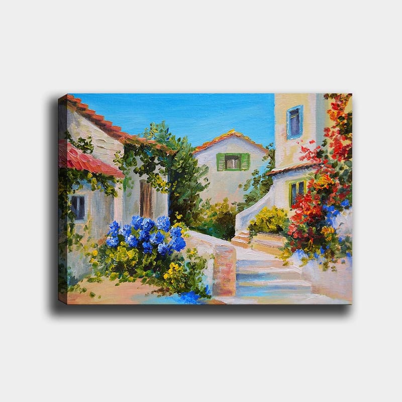 Canvastavla 70x100 cm - Pittoresk byscen med färgglada hus och blomstrande växter - Blå / Grön / Gul - Inredning - Tavlor & posters - Canvastavla