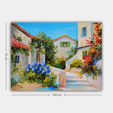 Canvastavla 70x100 cm - Pittoresk byscen med färgglada hus och blomstrande växter - Blå / Grön / Gul - Inredning - Tavlor & posters - Canvastavla