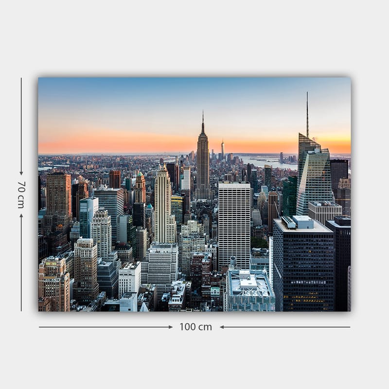 Canvastavla 70x100 cm - Panoramavy av New York City med ikoniska skyskrapor i solnedgångens ljus - Blå / Grå / Orange - Inredning - Tavlor & posters - Canvastavla