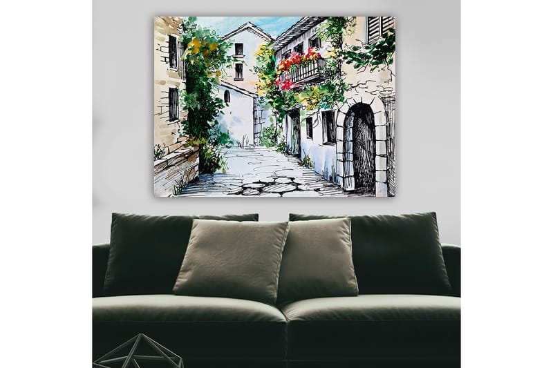 Canvastavla 70x100 cm - Pittoresk gränd med charmiga hus och blommande balkonger - Grön / Beige / Röd - Inredning - Tavlor & posters - Canvastavla