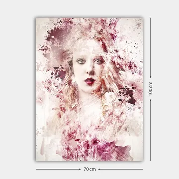 Canvastavla 70x100 cm - Porträtt av en kvinna med dramatiska färgtoner och abstrakta inslag - Djupröd / Ljusrosa / Vit - Inredning - Tavlor & posters - Canvastavla
