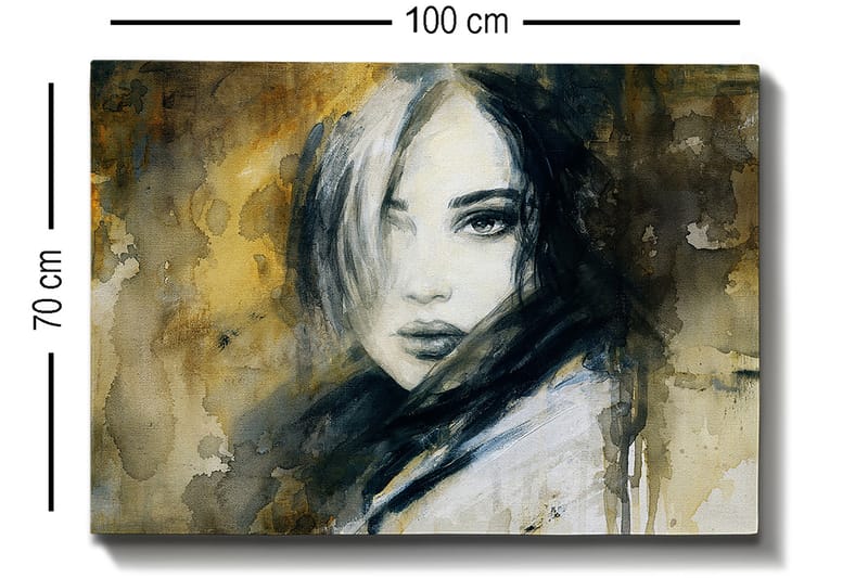 Canvastavla 70x100 cm - Porträtt av en kvinna med en mystisk och intensiv blick - Mörkblå / Beige / Vit - Inredning - Tavlor & posters - Canvastavla