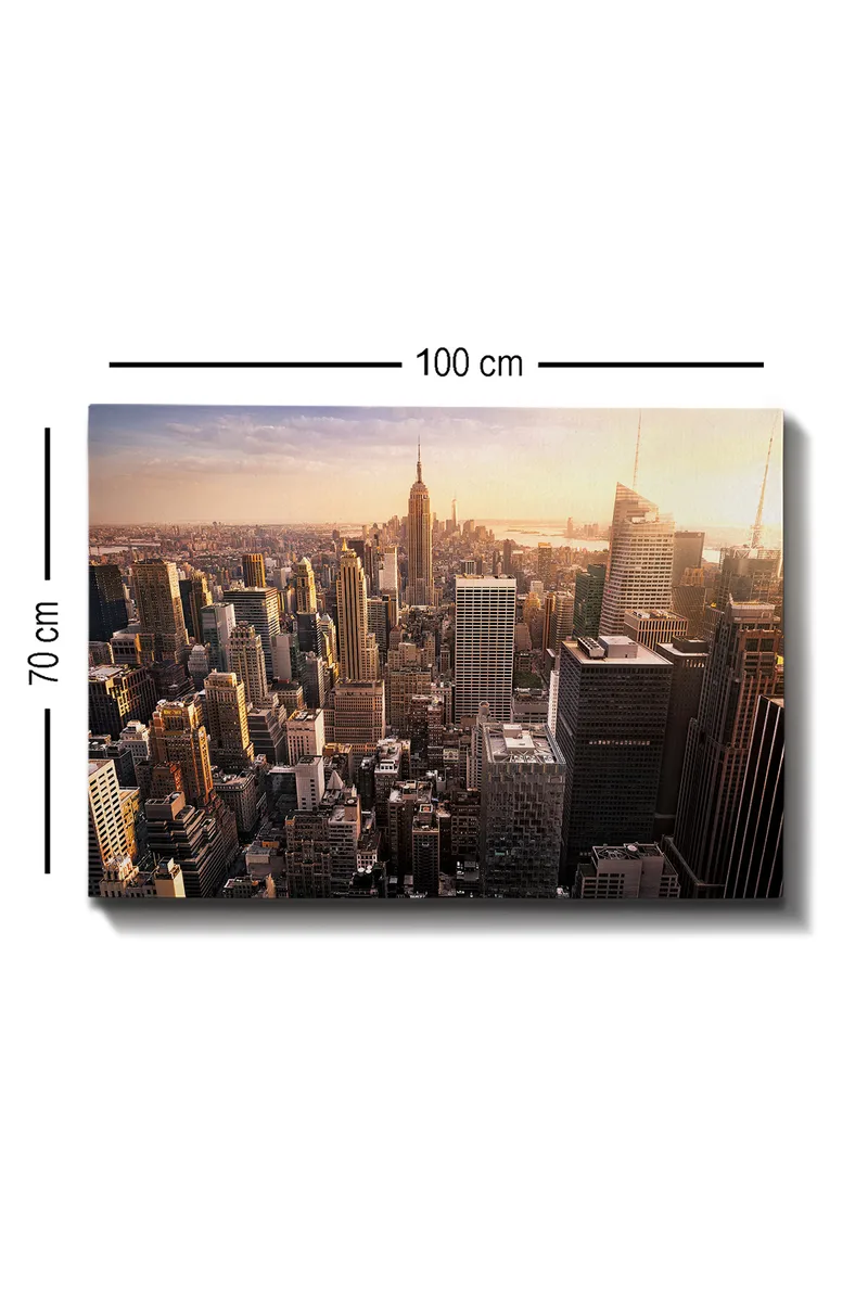 Canvastavla 70x100 cm - Panoramavy av en stad med skyskrapor och den ikoniska Empire State Building i solnedgången - Guld / Grå / Blå - Inredning - Tavlor & posters - Canvastavla