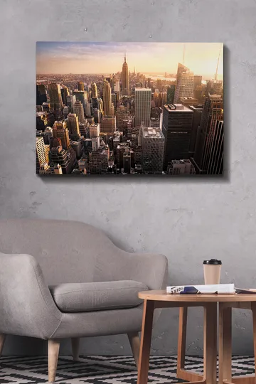 Canvastavla 70x100 cm - Panoramavy av en stad med skyskrapor och den ikoniska Empire State Building i solnedgången - Guld / Grå / Blå - Inredning - Tavlor & posters - Canvastavla
