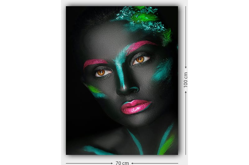 Canvastavla 70x100 cm - Porträtt av en kvinna med färgglad ansiktsmålning på en svart bakgrund - Svart / Rosa / Grön - Inredning - Tavlor & posters - Canvastavla