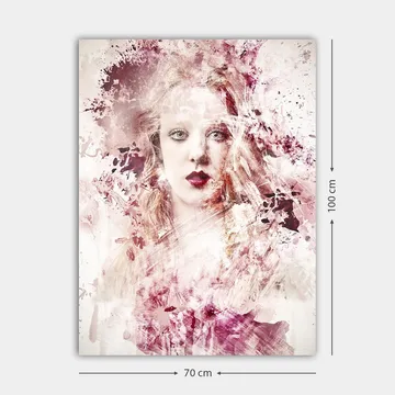 Canvastavla 70x100 cm - Porträtt av en kvinna med dramatiska färgtoner och abstrakta inslag - Djupröd / Ljusrosa / Vit - Inredning - Tavlor & posters - Canvastavla