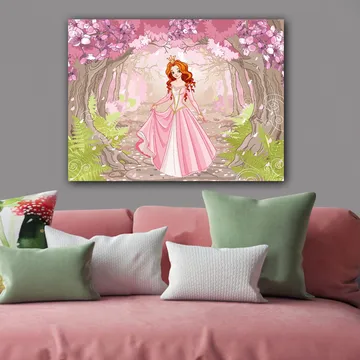 Canvastavla 70x100 cm - Prinsessa i en rosa klänning som promenerar genom en blomstrande skog - Rosa / Grönt / Brunt - Inredning - Tavlor & posters - Canvastavla