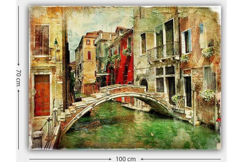 Canvastavla 70x100 cm - Pittoresk kanal med en bro omgiven av färgglada byggnader i Venedig - Röd / Grön / Beige - Inredning - Tavlor & posters - Canvastavla