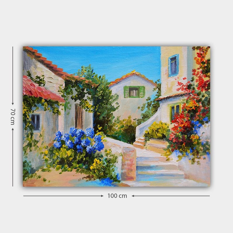 Canvastavla 70x100 cm - Pittoresk byscen med färgglada hus och blomstrande växter - Blå / Grön / Gul - Inredning - Tavlor & posters - Canvastavla