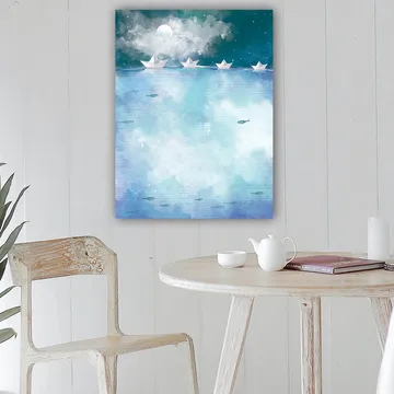 Canvastavla 70x100 cm - Pappersbåtar som seglar på en lugn, blå sjö under en stjärnklar natt med en måne - Ljusblå / Turkos / Vit - Inredning - Tavlor & posters - Canvastavla