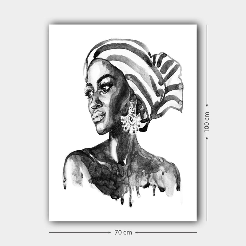 Canvastavla 70x100 cm - Porträtt av en kvinna med ett mönstrat huvudduk och eleganta smycken - Svart / Vitt - Inredning - Tavlor & posters - Canvastavla
