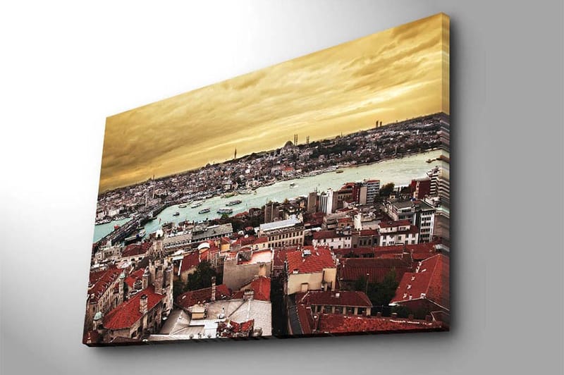 Canvastavla 70x100 cm - Panoramavy över Istanbul med tak av tegel och en glittrande vattenyta - Röd / Turkos / Guld - Inredning - Tavlor & posters - Canvastavla