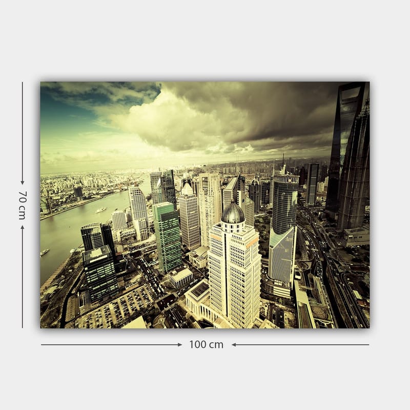 Canvastavla 70x100 cm - Panoramavy av en modern storstad med höga skyskrapor och en flod som flyter genom landskapet - Grön / Grå / Beige - Inredning - Tavlor & posters - Canvastavla