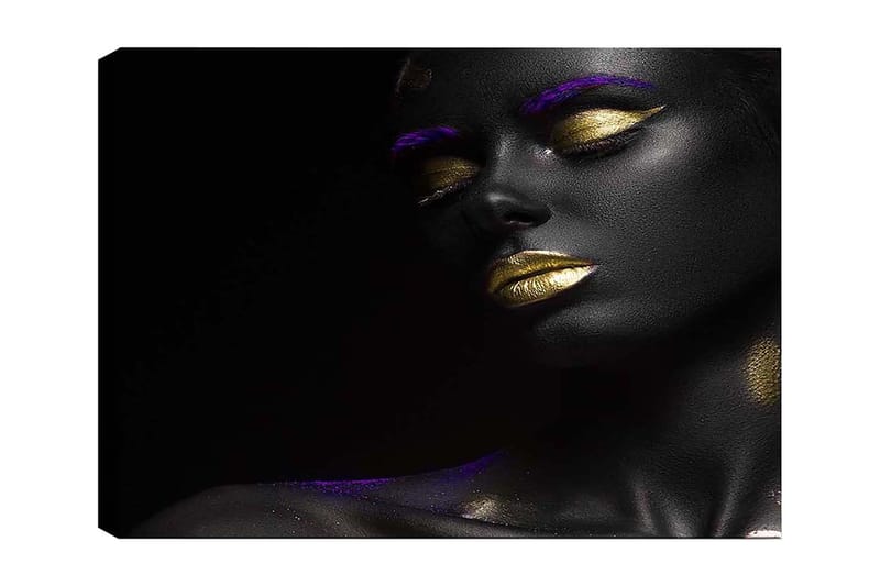 Canvastavla 70x100 cm - Porträtt av en kvinna med svart hud och guldiga läppar, accentuerat med lila detaljer, Svart / Guld / Lila