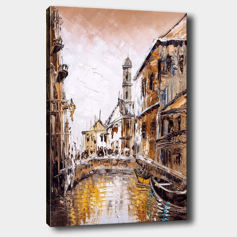 Canvastavla 70x100 cm - Pittoresk kanal med historiska byggnader och båtar i en stadsmiljö - Guld / Brun / Vit - Inredning - Tavlor & posters - Canvastavla