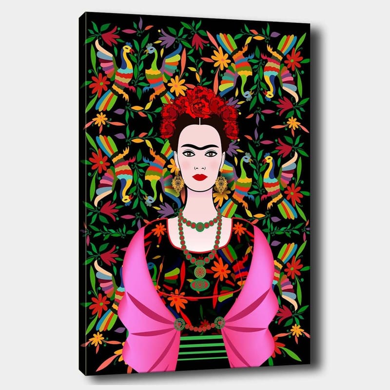 Canvastavla 70x100 cm - Porträtt av en kvinna med traditionella mexikanska inslag och färgglad bakgrund - Röd / Grön / Svart - Inredning - Tavlor & posters - Canvastavla