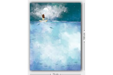 Canvastavla 70x100 cm - Person sitter i en båt under en stjärnklar natt med en stor måne ovanför - Mörkblå / Ljusblå / Vit - Inredning - Tavlor & posters - Canvastavla