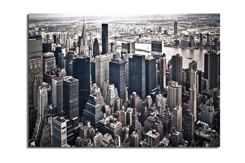 Canvastavla 70x100 cm - Panoramavy av en stad med höga skyskrapor och en livlig stadsbild, Svart / Grå / Vit