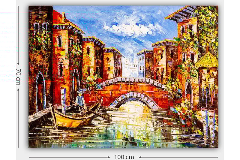 Canvastavla 70x100 cm - Pittoresk kanal med färgglada byggnader och en båt som glider fram under en bro - Orange / Blå / Grön - Inredning - Tavlor & posters - Canvastavla
