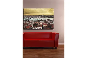 Canvastavla 70x100 cm - Panoramavy över Istanbul med tak av tegel och en glittrande vattenyta - Röd / Turkos / Guld - Inredning - Tavlor & posters - Canvastavla