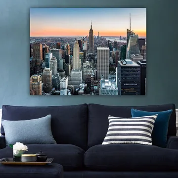 Canvastavla 70x100 cm - Panoramavy av New York City med ikoniska skyskrapor i solnedgångens ljus - Blå / Grå / Orange - Inredning - Tavlor & posters - Canvastavla