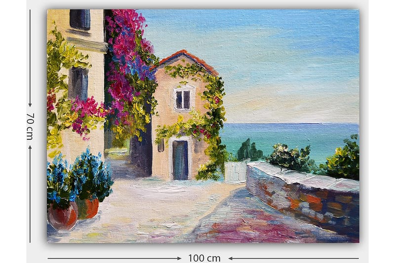 Canvastavla 70x100 cm - Pittoresk kustscen med färgglada hus och blommor som omger en lugn gata vid havet - Blå / Grön / Rosa - Inredning - Tavlor & posters - Canvastavla