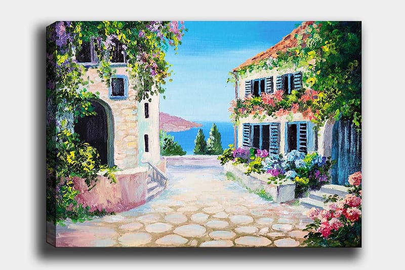 Canvastavla 70x100 cm - Pittoresk gata med blommiga hus och havsutsikt - Grön / Rosa / Blå - Inredning - Tavlor & posters - Canvastavla