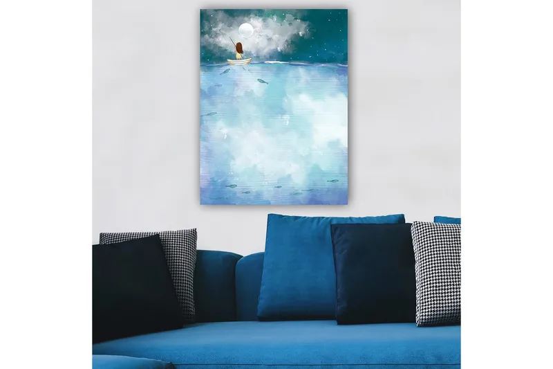 Canvastavla 70x100 cm - Person sitter i en båt under en stjärnklar natt med en stor måne ovanför - Mörkblå / Ljusblå / Vit - Inredning - Tavlor & posters - Canvastavla