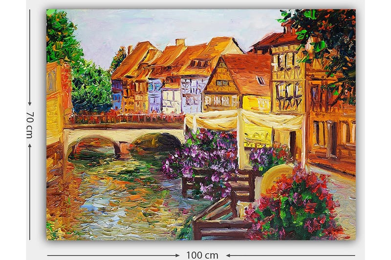 Canvastavla 70x100 cm - Pittoresk kanal med färgglada hus och blommor som pryder kanten - Grön / Lila / Orange - Inredning - Tavlor & posters - Canvastavla