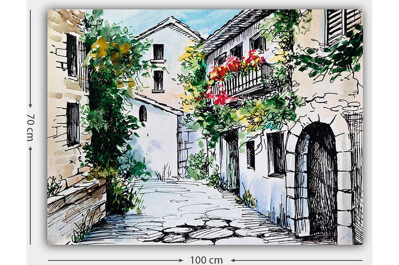 Canvastavla 70x100 cm - Pittoresk gränd med charmiga hus och blommande balkonger - Grön / Beige / Röd - Inredning - Tavlor & posters - Canvastavla