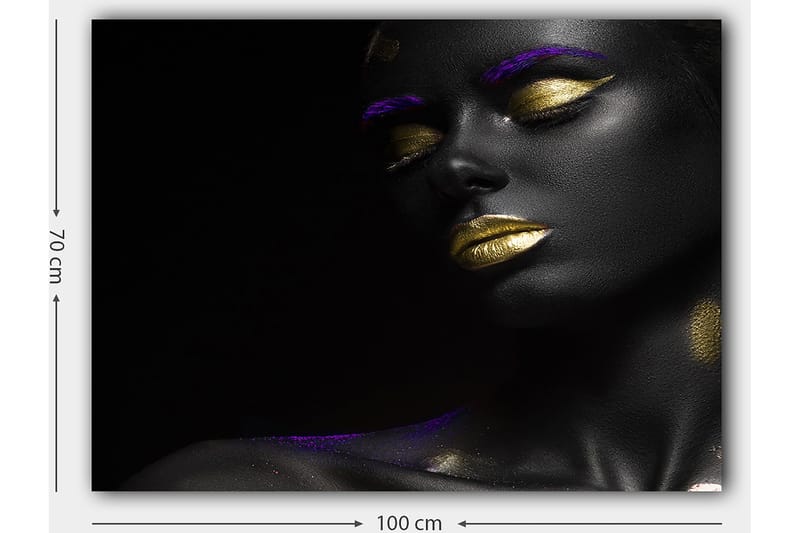 Canvastavla 70x100 cm - Porträtt av en kvinna med svart hud och guldiga läppar, accentuerat med lila detaljer - Svart / Guld / Lila - Inredning - Tavlor & posters - Canvastavla
