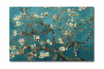 Canvastavla 70x45 cm - Blommande kvistar mot en turkos bakgrund - Turkos / Vit / Mörkgrön - Inredning - Tavlor & posters - Canvastavla