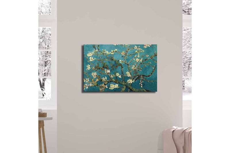 Canvastavla 70x45 cm - Blommande kvistar mot en turkos bakgrund - Turkos / Vit / Mörkgrön - Inredning - Tavlor & posters - Canvastavla