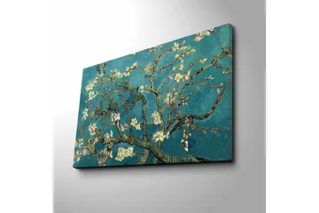 Canvastavla 70x45 cm - Blommande kvistar mot en turkos bakgrund - Turkos / Vit / Mörkgrön - Inredning - Tavlor & posters - Canvastavla