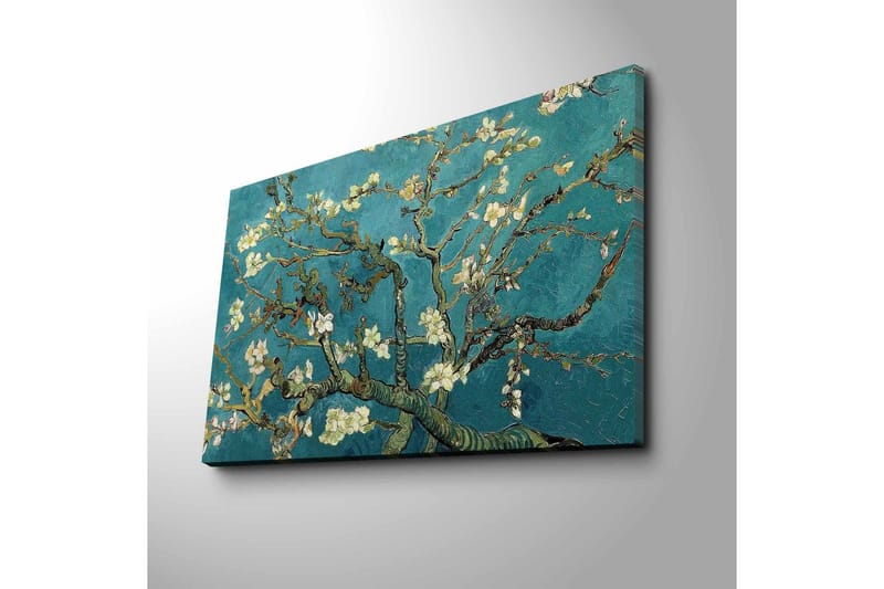 Canvastavla 70x45 cm - Blommande kvistar mot en turkos bakgrund - Turkos / Vit / Mörkgrön - Inredning - Tavlor & posters - Canvastavla