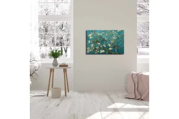 Canvastavla 70x45 cm - Blommande kvistar mot en turkos bakgrund - Turkos / Vit / Mörkgrön - Inredning - Tavlor & posters - Canvastavla