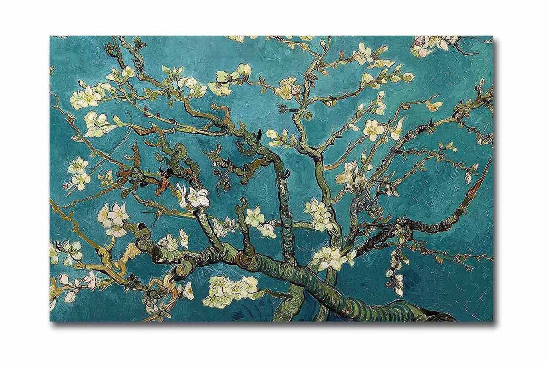 Canvastavla 70x45 cm - Blommande kvistar mot en turkos bakgrund - Turkos / Vit / Mörkgrön